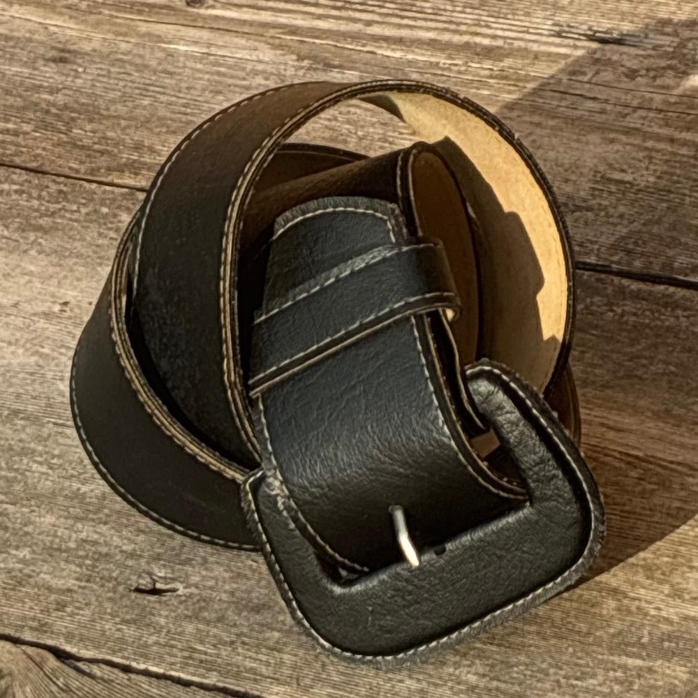 Vintage Wide Black Leather Waist Belt Covered Square Buckle Contrast Stitching